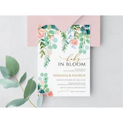 Baby in Bloom Shower Invitation, EDITABLE Template, Greenery Printable Girl Invite, Pink & White Rose Floral Brunch Card