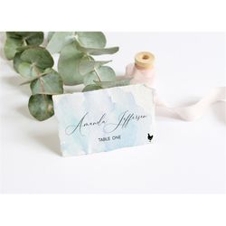 blue watercolor place cards, editable template, printable place card, boho seating name card, modern bridal, baby shower