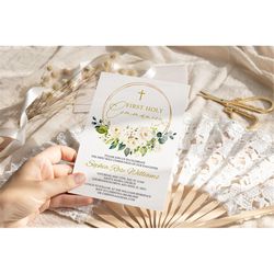 first holy communion invitation, editable template, white flowers printable baptism invite, greenery girl dedication, go