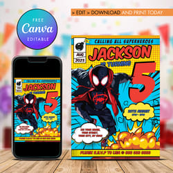 miles morales birthday invitation, any age miles morale birthday invite comic style canva editable instant download