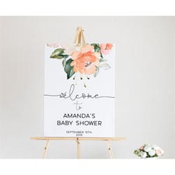 peach rose welcome sign, editable template, greenery baby shower, floral bridal brunch, printable large wedding poster,