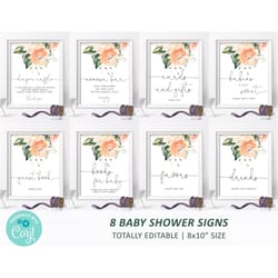 peach rose baby shower sign pack, editable template, custom package bundle, printable baby sprinkle tea sign 8x10, birth