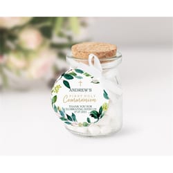greenery first communion thank you tag, editable template, printable round green & gold floral favor stickers, green lea