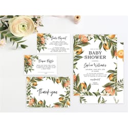 citrus baby shower invitation set, editable, orange floral printable template bundle, books for baby card, diaper raffle