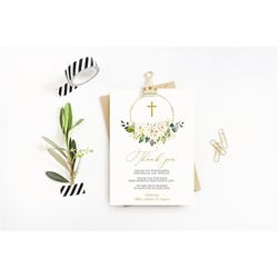 white flowers first communion thank you note, editable template, printable floral thank you card, greenery neutral bapti