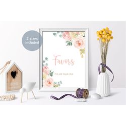 Blush Pink and Gold Baby Shower Favors Sign, Printable Party Card, Boho Floral Girl Baptism Template, Rose Bridal Brunch