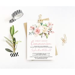 first holy communion invitation, editable template, blush pink floral printable baptism invite, rose flower girl dedicat