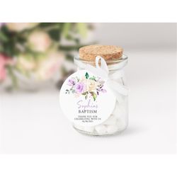 lavender rose floral baptism thank you tag, editable template, round violet flowers christening favor stickers, printabl