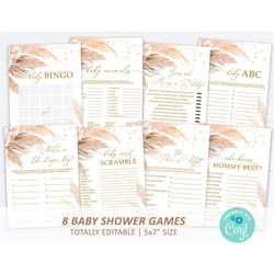 pampas grass baby shower game set, editable template, bohemian floral bundle, boho blush pink flowers & gold glitter pri