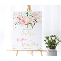 blush pink floral baptism and baby's first birthday welcome sign, editable template, rose flowers large poster, gold gli
