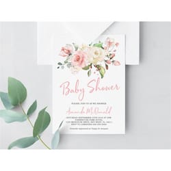 blush pink floral baby shower invitation, editable template, boho printable brunch invite, sweet baby girl, rose flowers