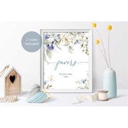 blue & white flowers favors sign, floral printable favors sign template, wildflower bridal shower, boy baby brunch, inst