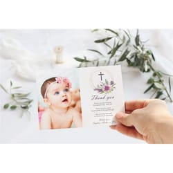 lavender baptism photo thank you, editable template, printable purple flowers thank you, floral holy communion, christen
