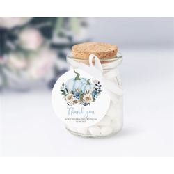 blue pumpkin thank you tag, editable template, round floral thank you stickers, printable favor tag, fall autumn shower,