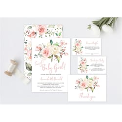 boho baby shower invitation, editable template, rose flower soft pink invite, printable floral sweet baby girl brunch ca