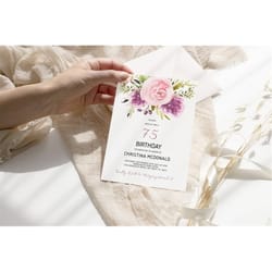 lavender flowers 75th birthday invitation, editable template, women floral printable birthday invite, any age women invi