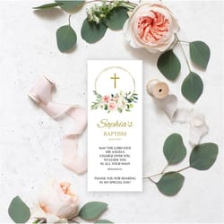 baptism bookmark template, editable, blush pink floral bookmark keepsake, printable christening favors, gold glitter, in