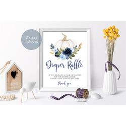 Blue Pumpkin Baby Shower Diaper Raffle Sign, Fall Printable Template, Navy & White Floral Activities, Autumn Decorations