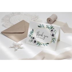 eucalyptus & anemone thank you card, printable floral thank you note card, bridal shower editable template, baby shower,