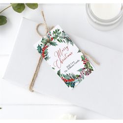 christmas wreath tag, editable template, printable holly christmas gift tags, personalized holiday tags, diy feast, joyf