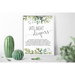 Greenery Late Night Diapers Sign, EDITABLE, Printable Template, Green Leaf Diapers Thoughts Game, Neutral Baby Shower, I