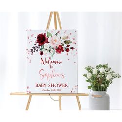 Marsala & Rose Gold Welcome Sign, EDITABLE, Floral Baby Shower, Burgundy Bridal Brunch, Printable Large Birthday Poster,
