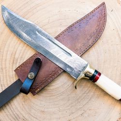damascus bone 'n brass - bowie hunting knife / bone handle / leather sheath