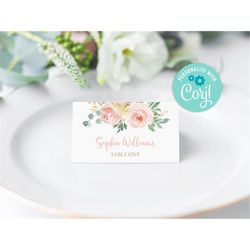 Editable Blush Pink Place Cards, Printable Place Card Template, Floral Seating Card, Name Card, Bridal, Baby Shower, Bir