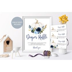 Blue Pumpkin Baby Shower Diaper Raffle Sign and Raffle Tickets, Navy & White Floral Fall Autumn Activities, Printable Bo