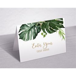 tropical buffet card  editable printable food labels template  instant download  greenery leaves & gold diy buffet tent