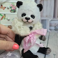 Panda bear. Teddy bear. Handmade toy. Plush bear gift.