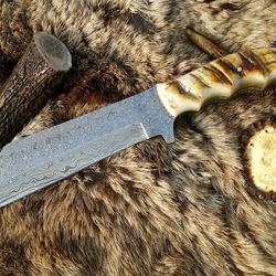 handmade 13 inch long damascus steel seax knife hunting knife with ram horn handle and leather sheath