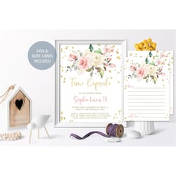 time capsule sign with matching printable message cards, editable, blush pink and gold first birthday time capsule, inst
