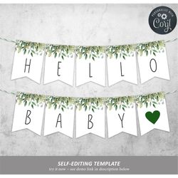 EDITABLE Alphabet Banner Template, Greenery Printable Baby Shower Decorations, Green Leaf Brunch Flags, Neutral Birthday