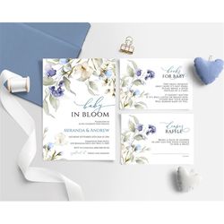 Baby in Bloom Shower Invitation Set, EDITABLE Template, Printable Blue & White Floral Boy Event Pack, Wild Flowers Baby
