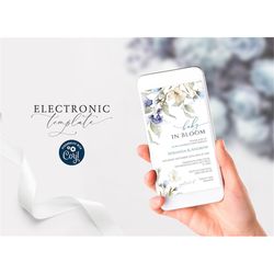 Baby in Bloom Shower Electronic Invitation Template, Editable Digital Download, White & Blue Wildflower Text Message Inv