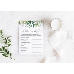 greenery the price is right game, editable, printable baby brunch activities, green leaf shower template, neutral games,