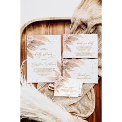 pampas grass baby shower invitation set, editable template, printable bohemian girl invite suite, boho blush pink flower