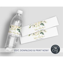 editable white flowers bottle label, water labels printable birthday template, baby shower label, custom water bottle la