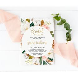 magnolia bridal brunch invitation, editable template, blush pink floral printable shower invite, greenery & white flower