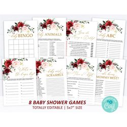 marsala & blush pink floral baby shower game set, editable template, elegant baby shower game bundle, burgundy and gold