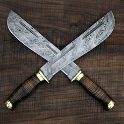 beautiful unique style custom handmade damascus steel hunting machete knife , leather sheath , fathers day gift , chris