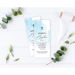 baptism bookmark template, editable, blue watercolor bookmark keepsake, printable christening favors, modern calligraphy