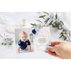 navy blue & gold baptism photo thank you, editable template, printable boho thank you, boy first communion, calligraphy