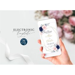 blush pink & navy floral save the date electronic invitation template, editable digital download, boho blue rose text me
