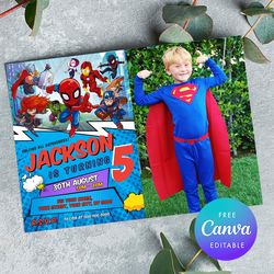 superheroes birthday invitation, any age birthday superheroes invitation comic style canva editable instant download.