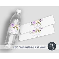 editable lavender bottle label, water labels printable birthday template, baby shower label, custom water bottle label,i