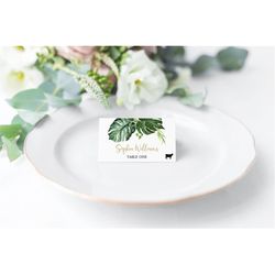 editable tropical place cards, printable place card template, greenery seating card, name card, bridal, baby shower, bir