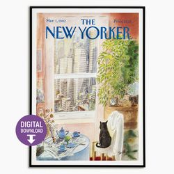 Cat Room Window Painting, New Yorker Print, Wall Art, Soft Tone, home decor, New York Cityscape, , Digital file, Digital