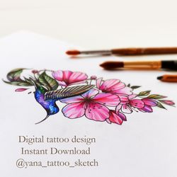 Hummingbird Tattoo Design With Flowers Color Hummingbird Tattoo Ideas Female, Instant download JPG, PNG